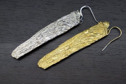 Real Tree Bark Earrings: Long Sterling Silver or Gold Dangle