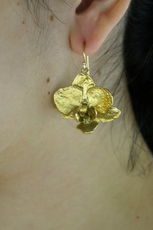 Real Orchid Flower Earrings: Gold Plated Sterling Silver