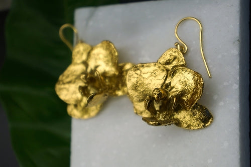 Real Orchid Flower Earrings: Gold Plated Sterling Silver