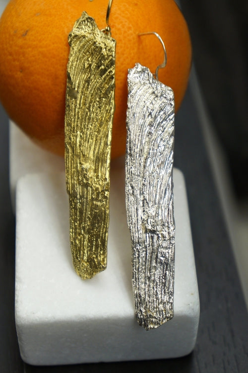 Real Tree Bark Earrings: Long Sterling Silver or Gold Dangle