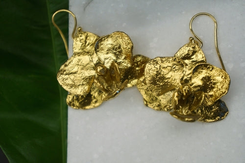 Real Orchid Flower Earrings: Gold Plated Sterling Silver
