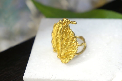 Nature-Inspired Leaf Ring: Handmade Gold-Plated Sterling Silver