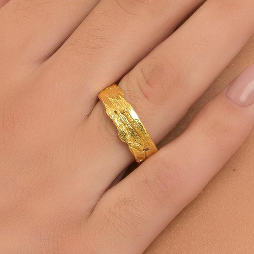 Citrus Tree Bark Ring: Unisex Wood Texture, 14k Gold Plated