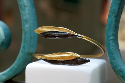 Olive Leaf Cuff Bracelet: Adjustable Gold and Black Rhodium