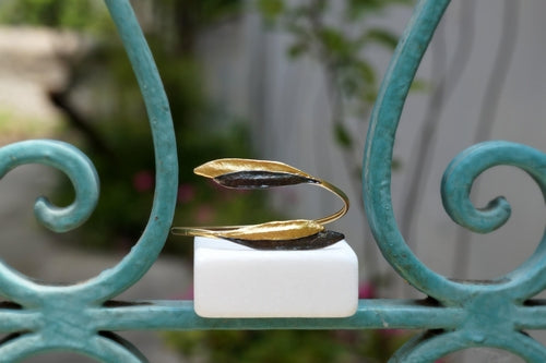 Olive Leaf Cuff Bracelet: Adjustable Gold and Black Rhodium